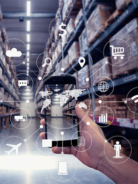 Warehouse shelfs with digital to highlight the connected supply chain